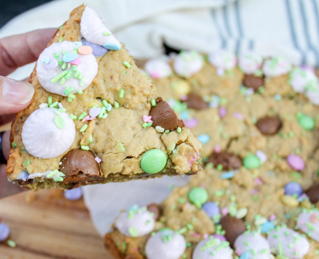 cookie cake on a tray and cut into wedges