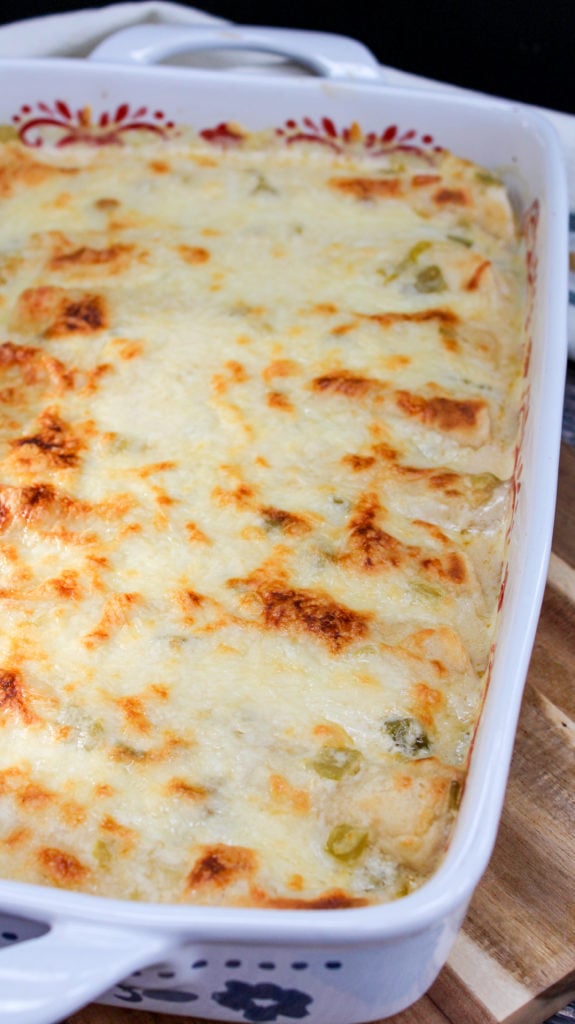 Chicken enchiladas in a baking dish