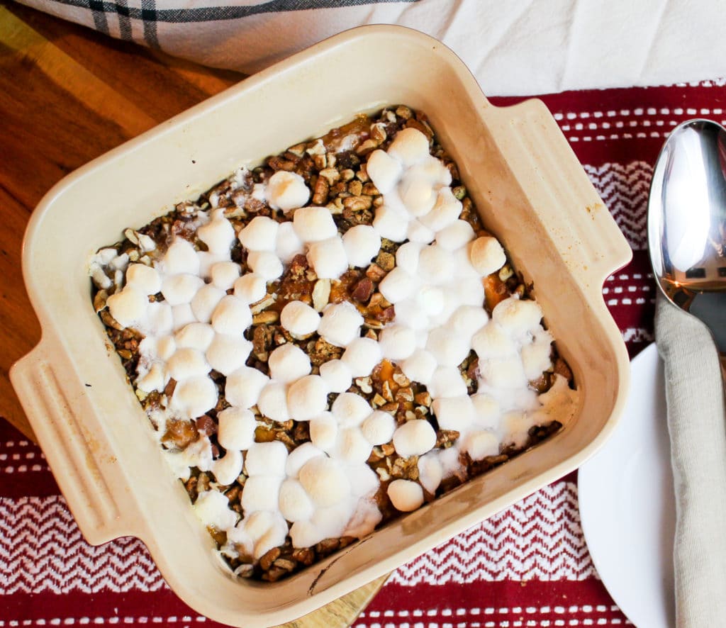 sweet potato casserole in a baking dish