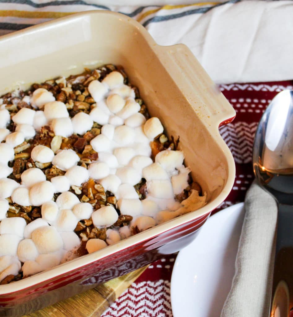 sweet potato casserole in a baking dish