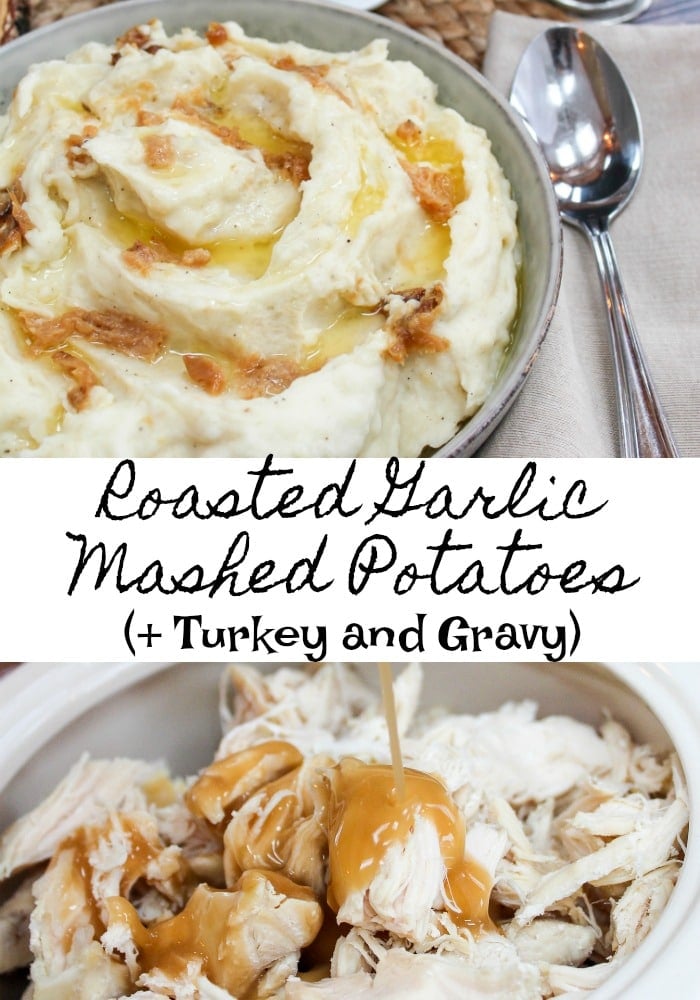 turkey and gravy with roasted garlic mashed potaotes