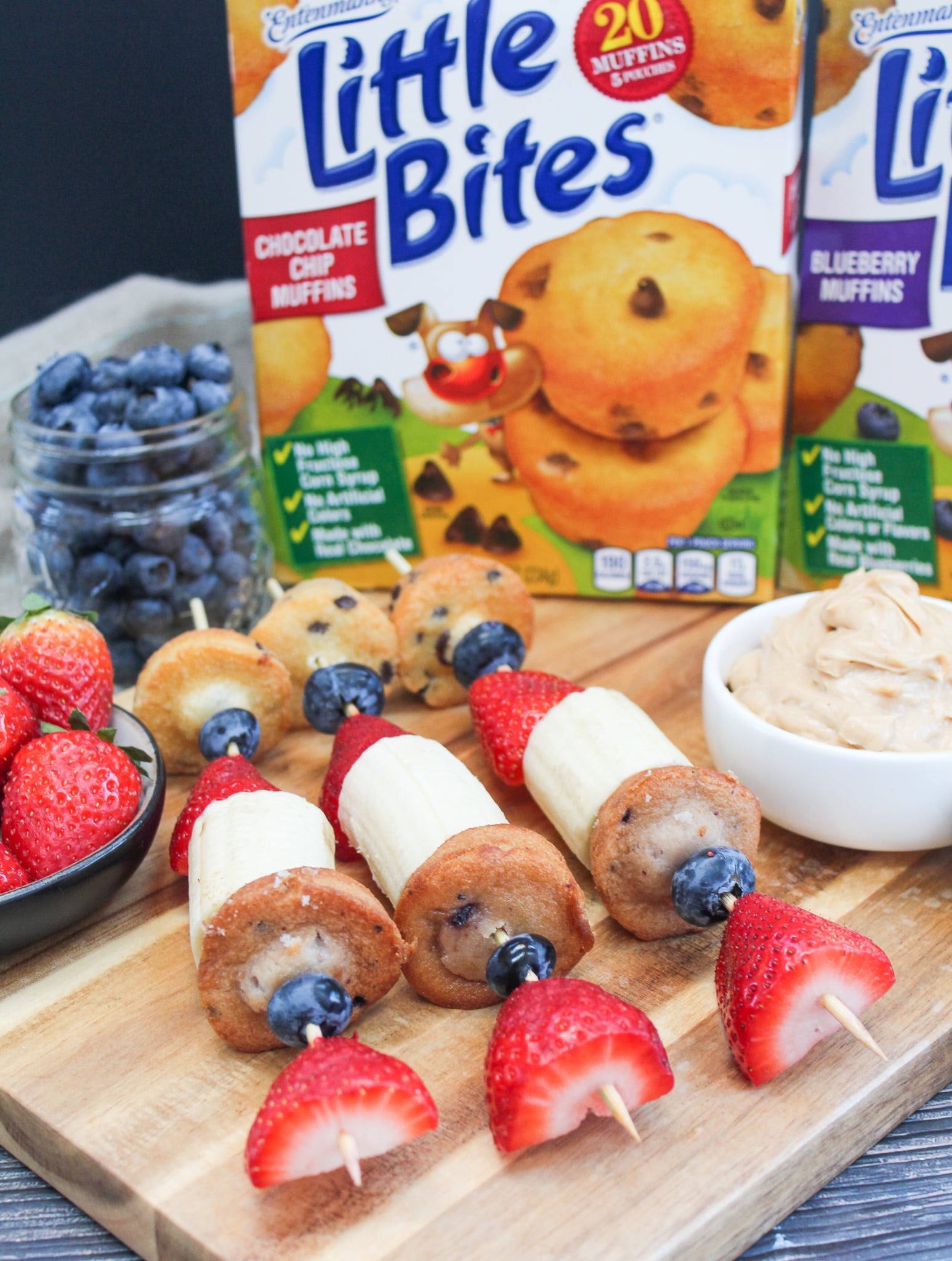 muffins and fruit on a skewer