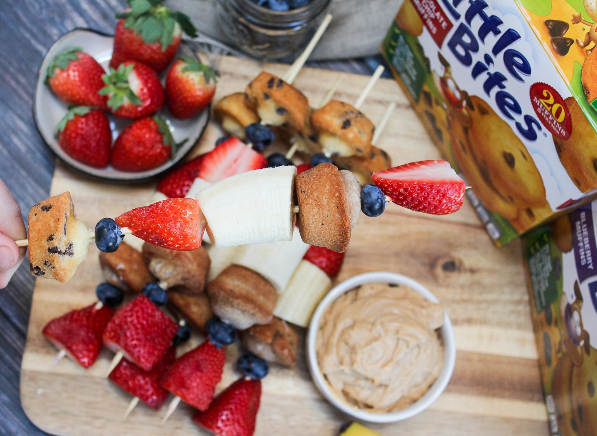 muffins and fruit on a skewer