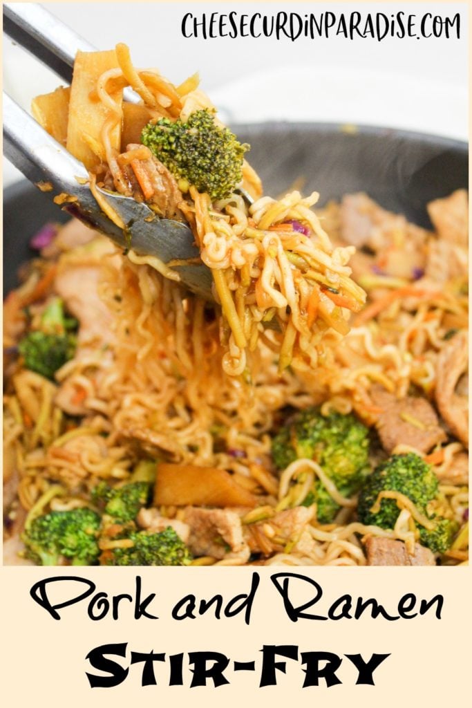 pork stir fry with tongs and title