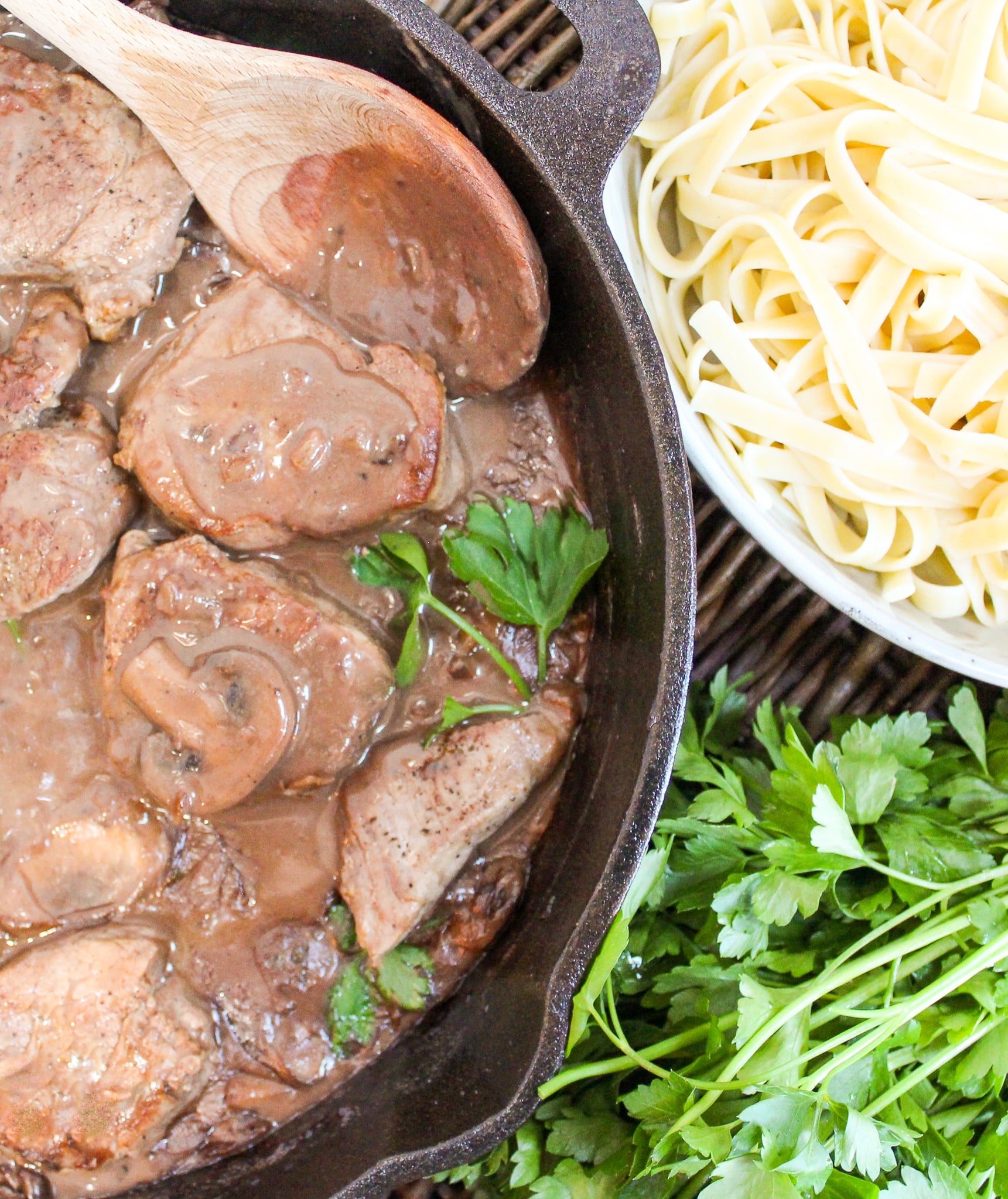 Skillet Pork Tenderloin Marsala with herbs and pasta