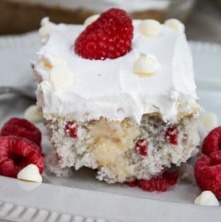 straight view of Raspberry White Chocolate Poke Cake