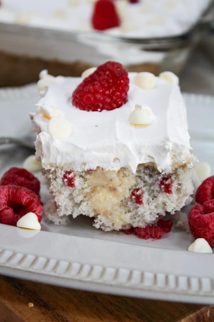 straight view of Raspberry White Chocolate Poke Cake 