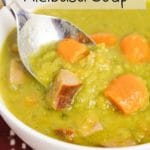 split pea and kielbasa soup scooped from the bowl