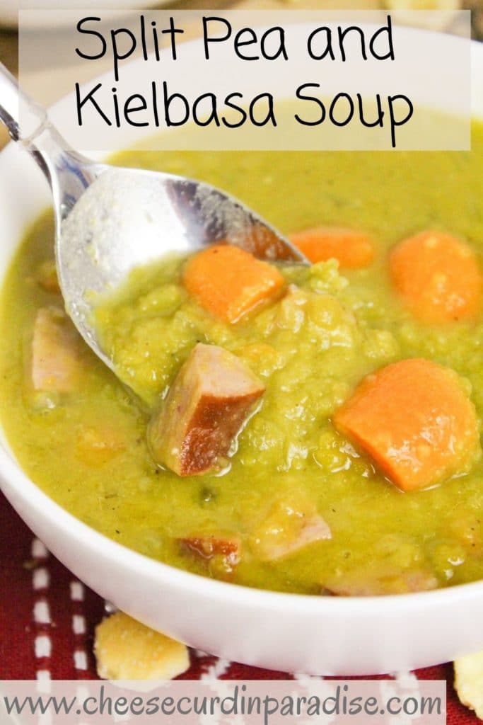 split pea and kielbasa soup scooped from the bowl
