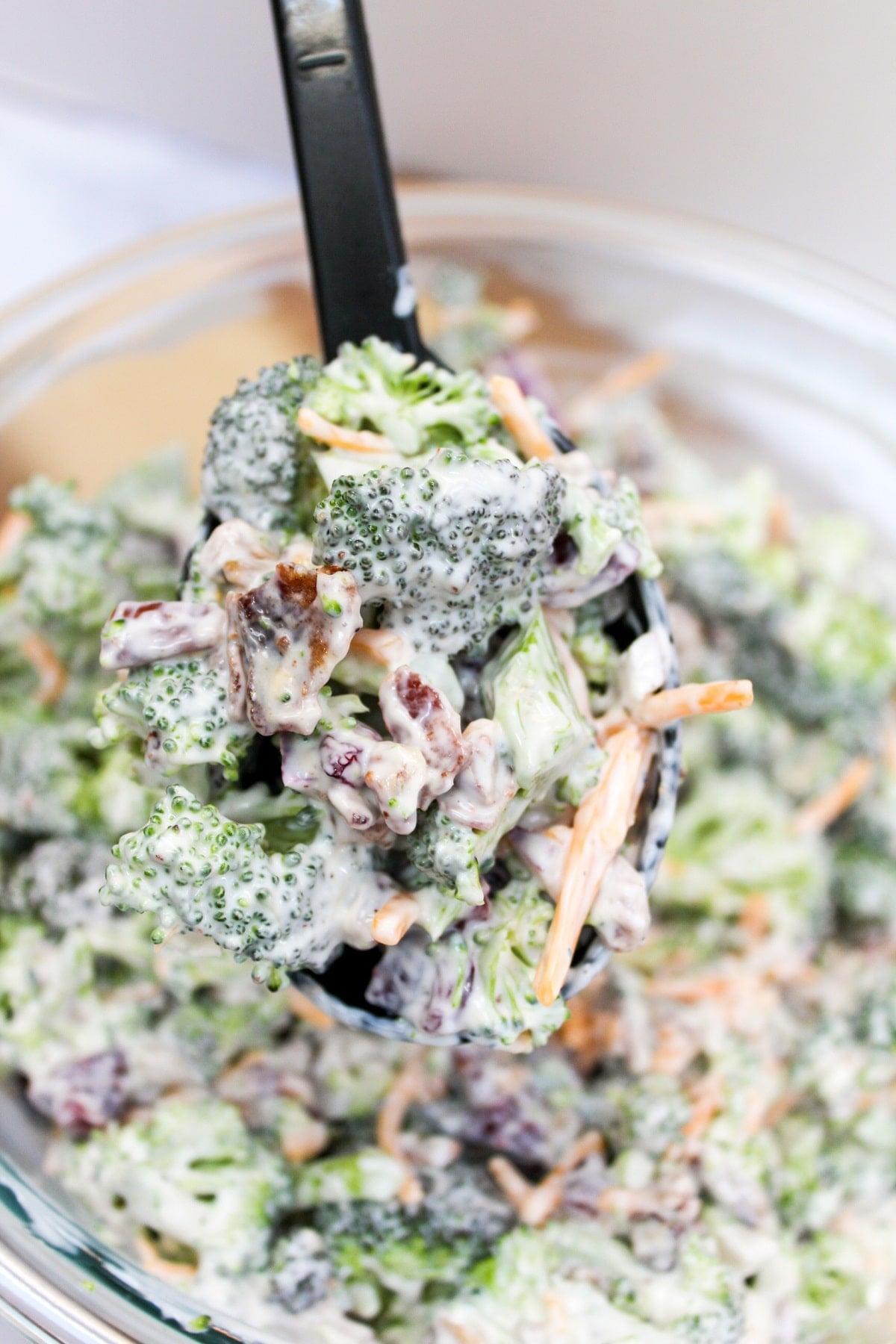 broccoli salad scooped from bowl