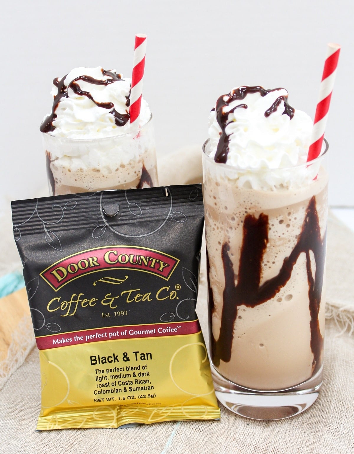 drinks with coffee packet next to it
