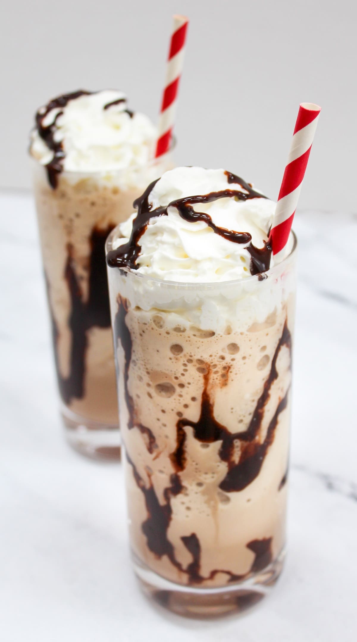 Blended Mocha Frappe with red and white straw