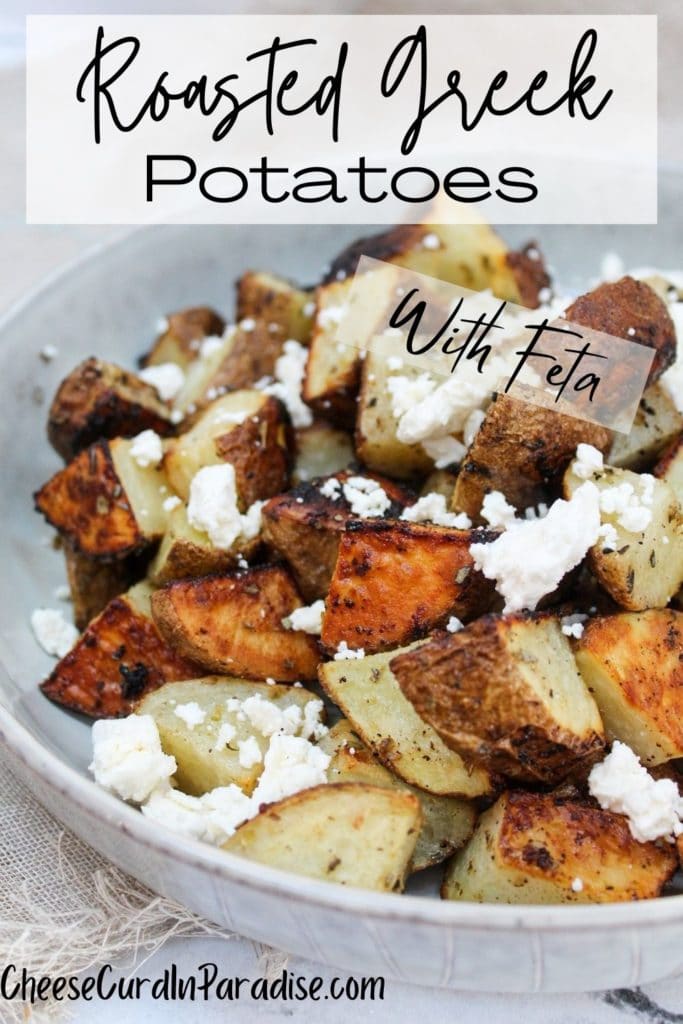 Roasted Potatoes with Lemon, Oregano and Feta in a bowl