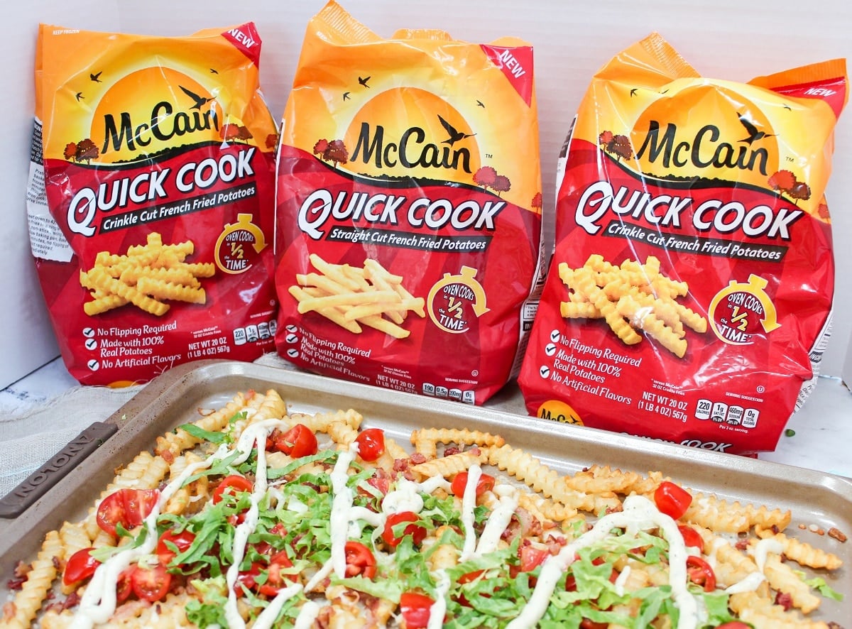 loaded blt fries with frozen fries bagged in background