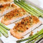 cooked crispy sheet pan salmon with asparagus