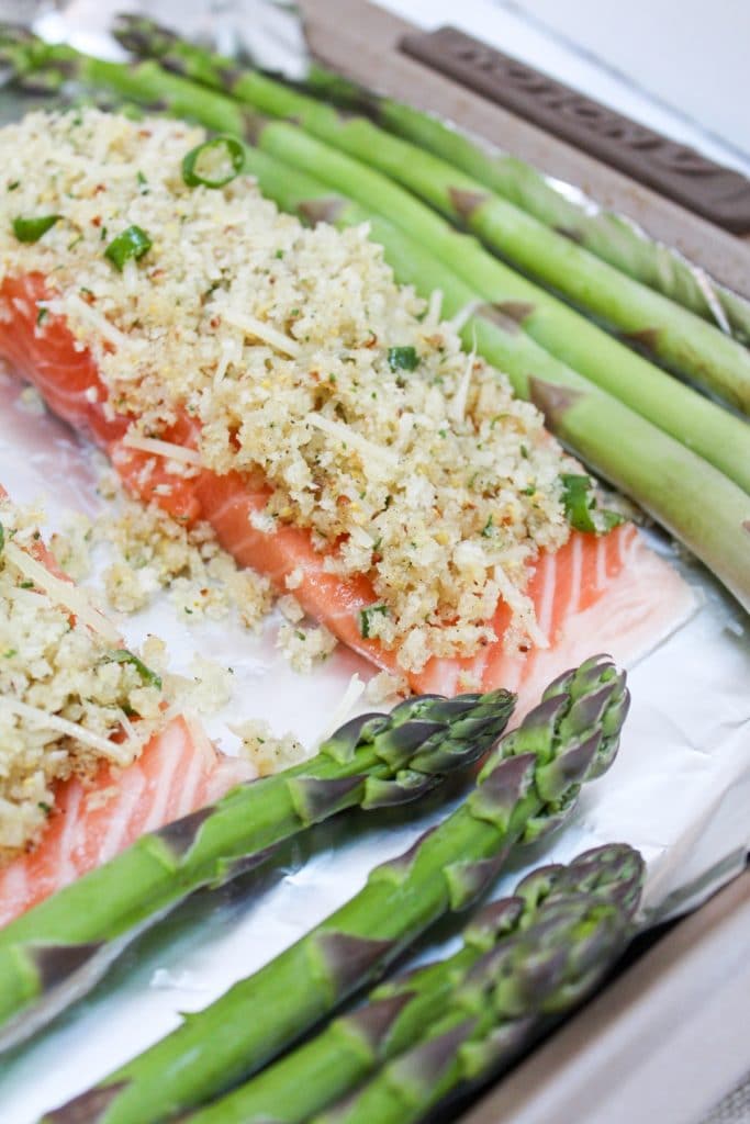 uncooked crispy sheet pan salmon with asparagus