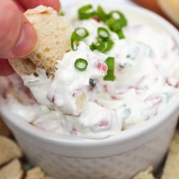 bagel dip scooped from cup