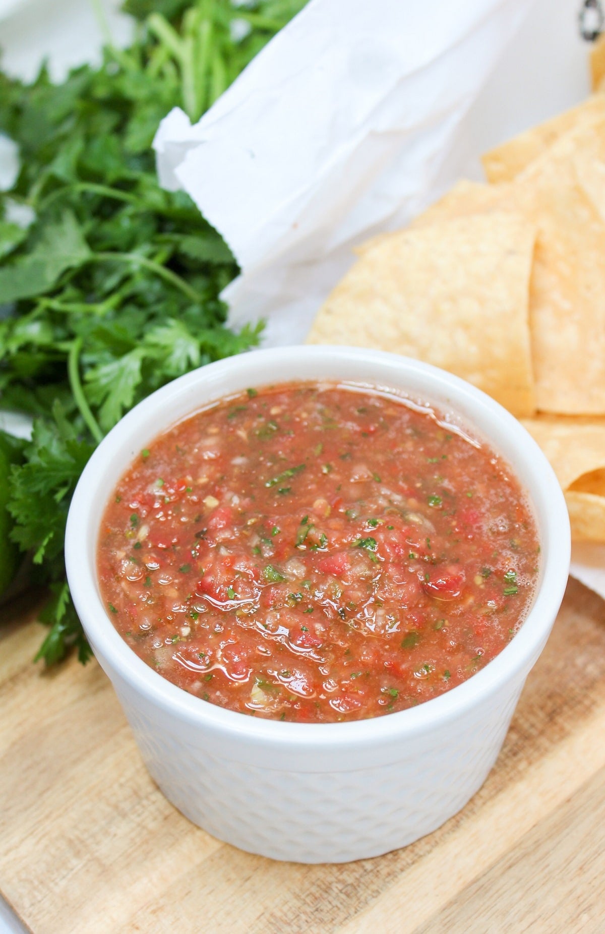 blender salsa in a white dish