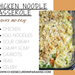 creamy chicken noodle casserole in a glass dish
