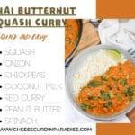 thai butternut squash curry in a bowl with rice next to a skillet with more curry