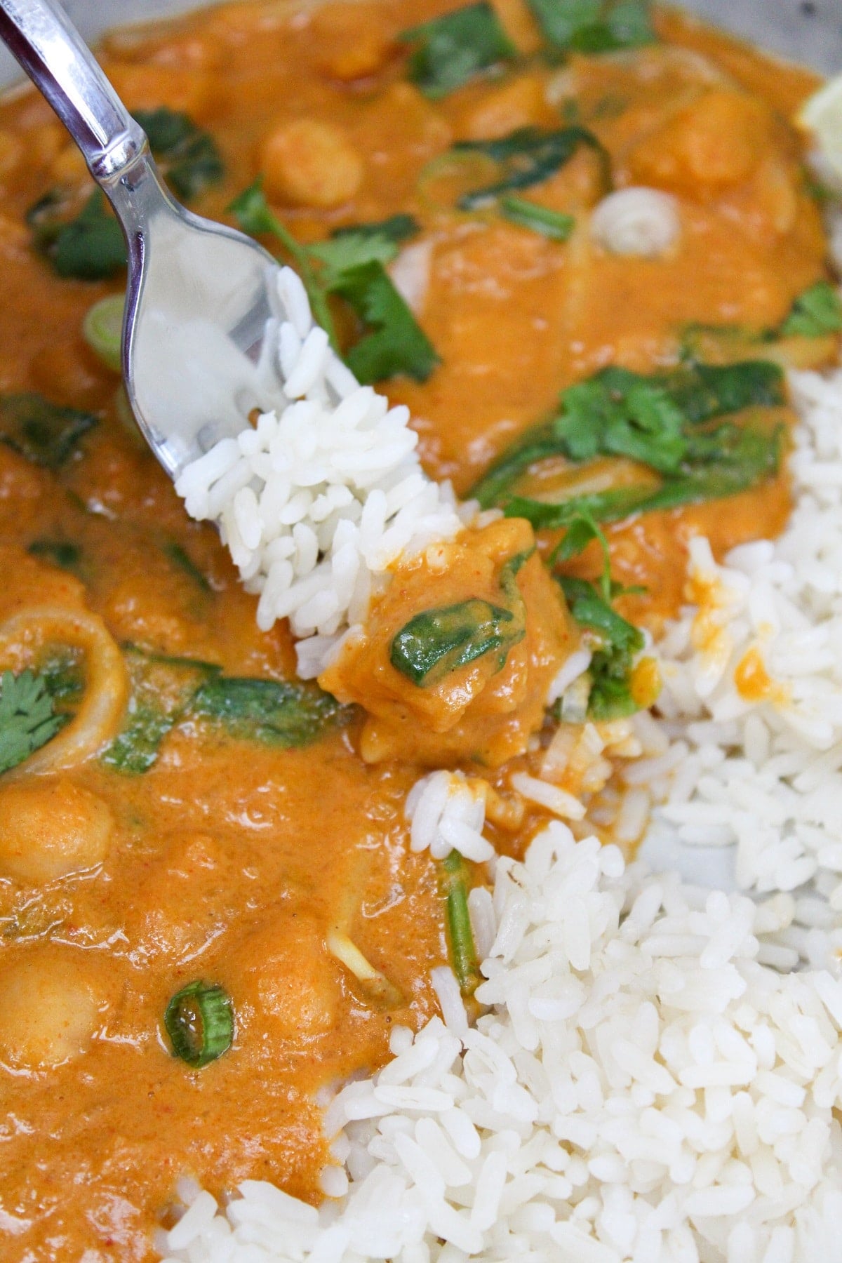 thai butternut squash curry in a bowl with a fork scooping from the contents of the bowl