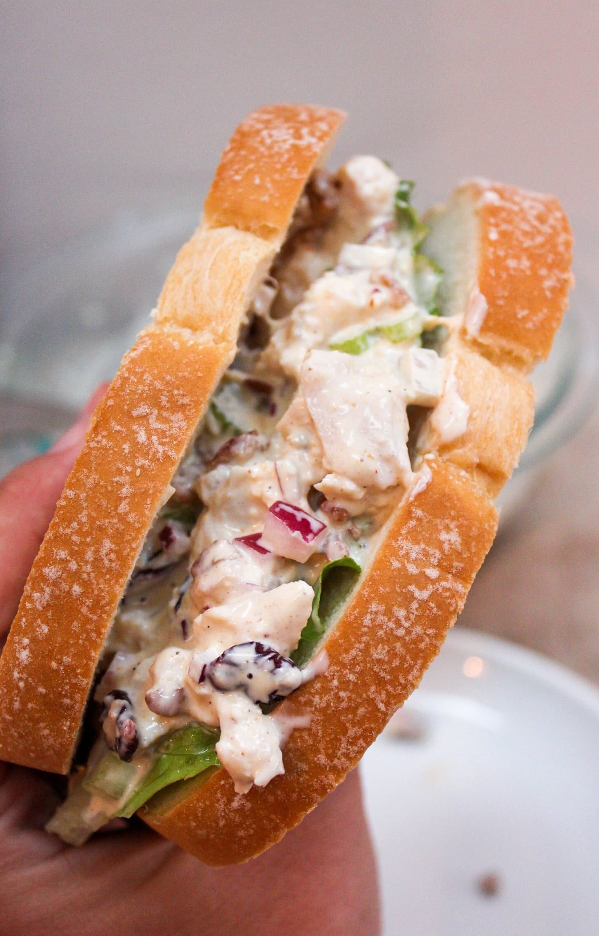 Cranberry Pecan Chicken on white bread held in hand Salad