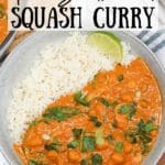 thai butternut squash curry in a bowl with rice next to a skillet with more curry