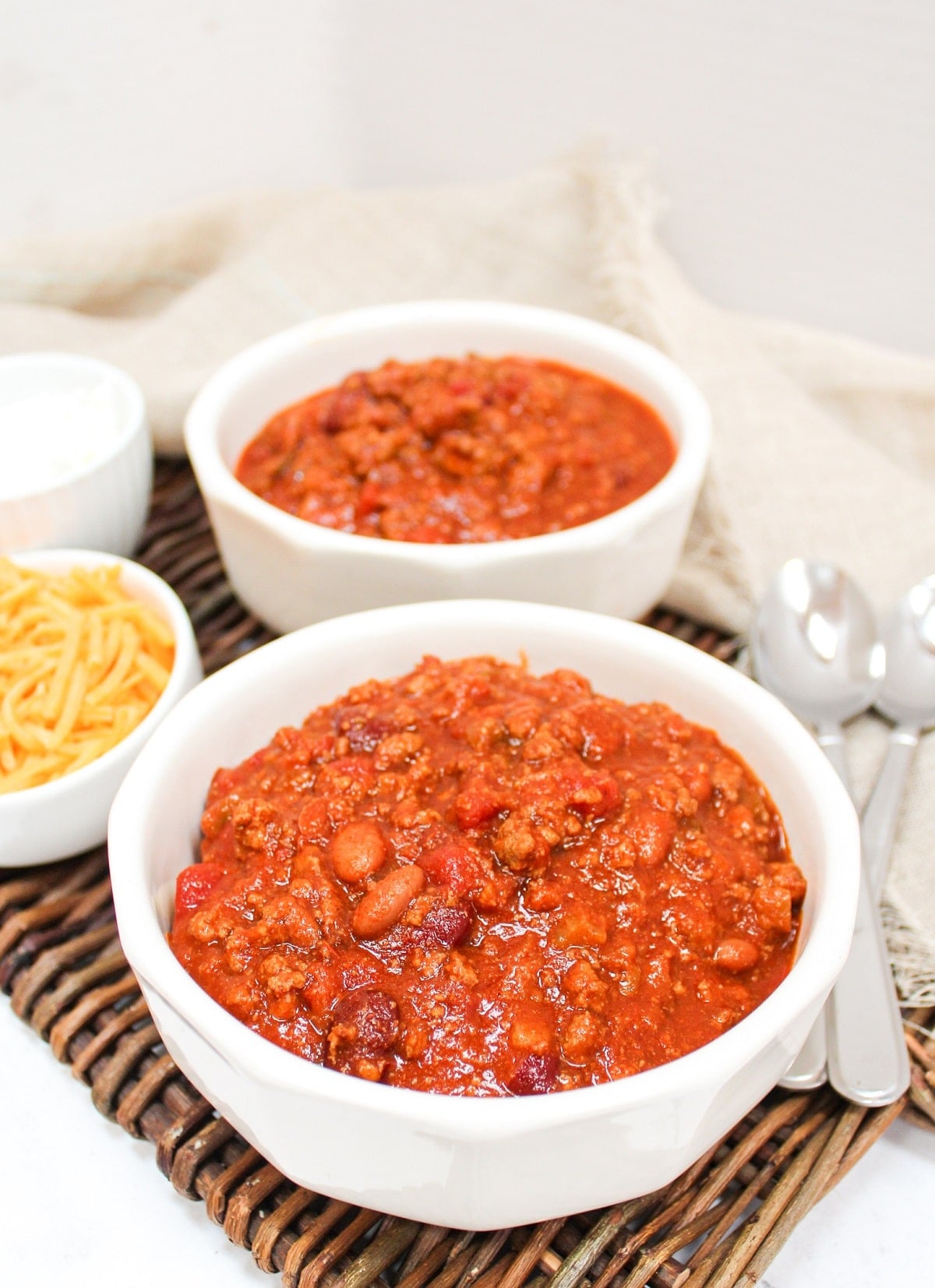 venison chili in a white bowl