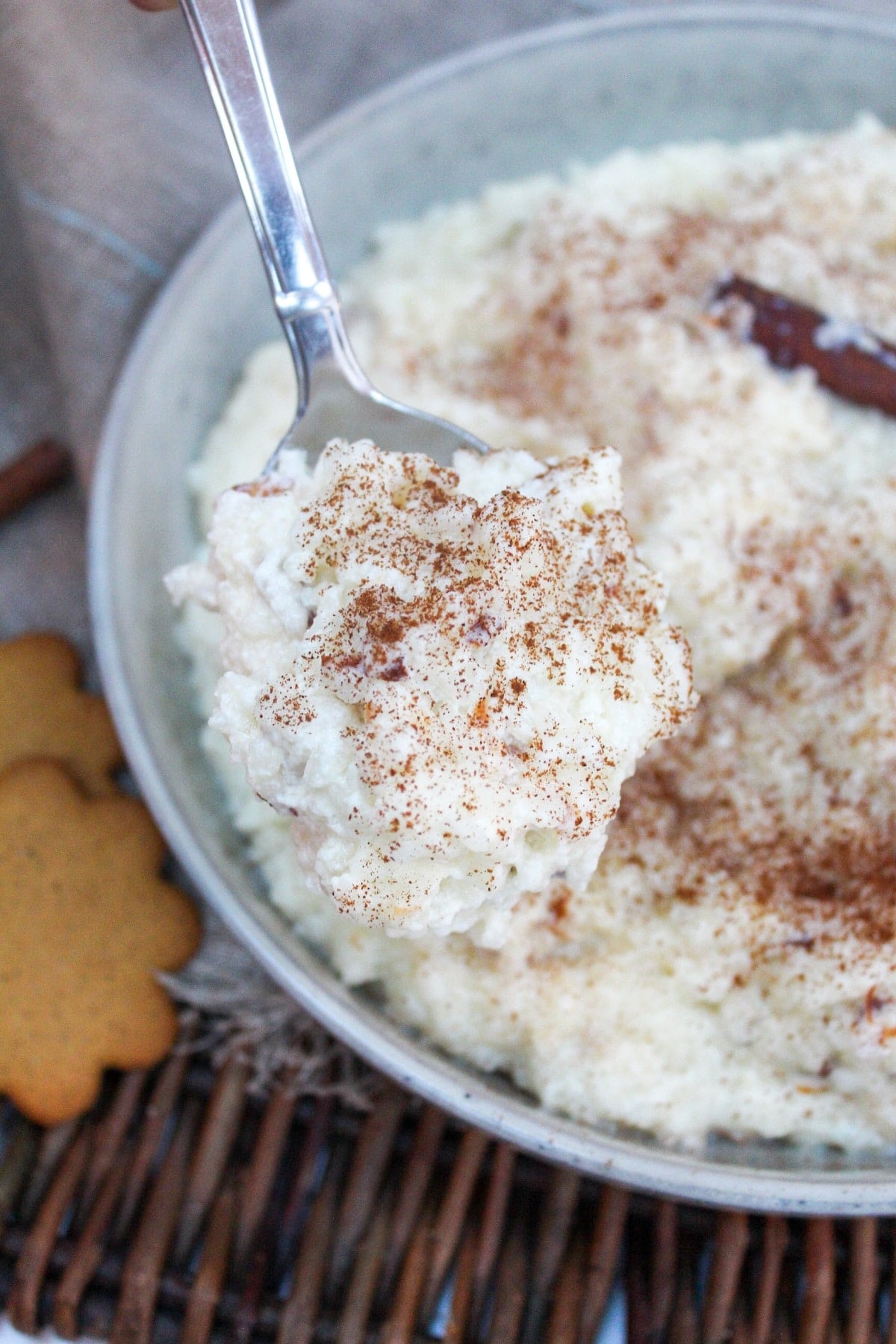 swedish rice pudding on a spoon