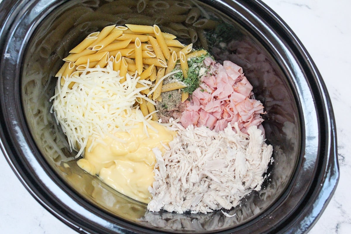 pasta ingredients in slow cooker