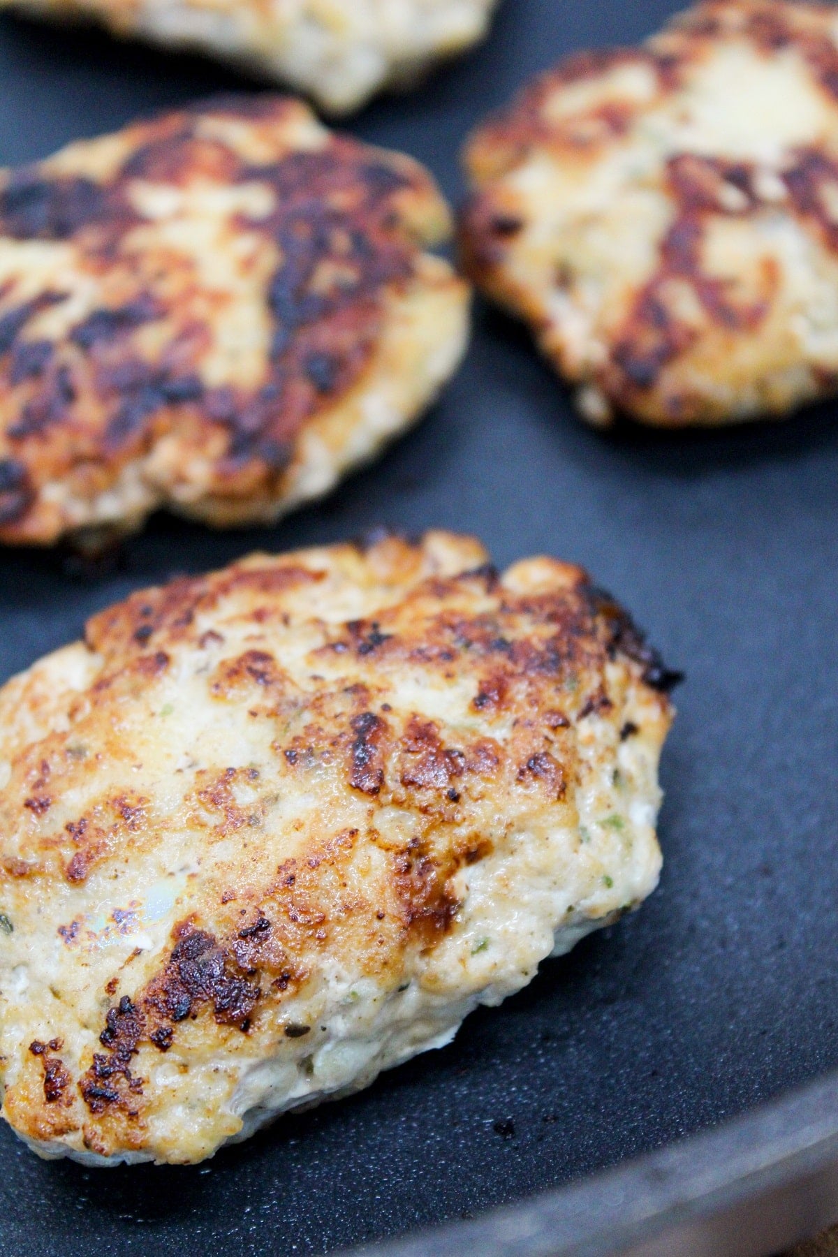 chicken formed into sausage patties. Cooked in a skillet till golden brown.