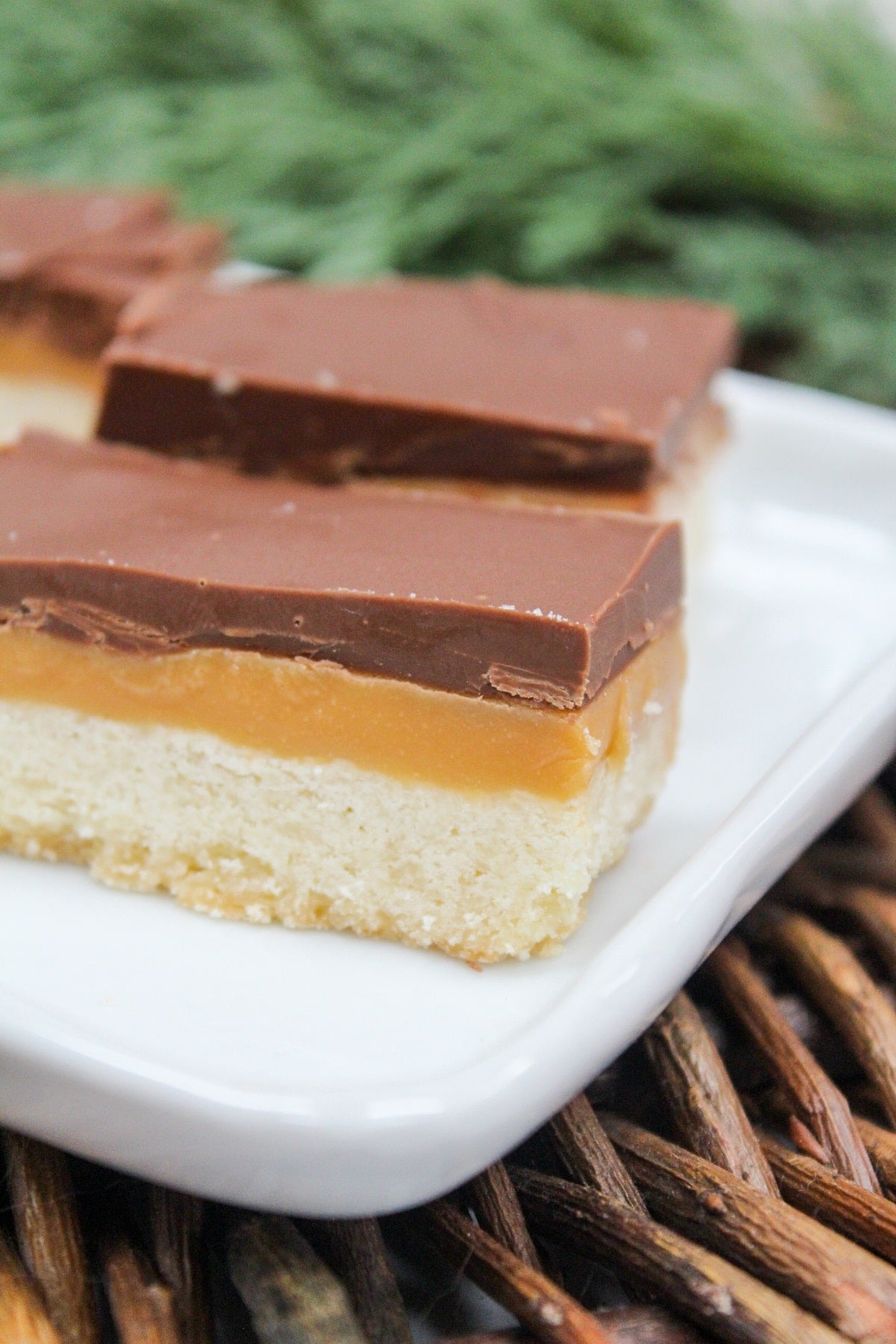 Cookie style bars cut into rectangles. The bars are layers wit h shortbread on the bottom, then caramel, and chocolate on top.