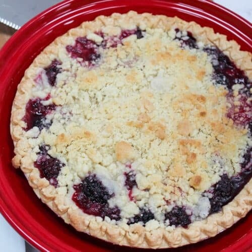Blackberry pie with a crumble topping. Baked golden brown and in a red pie plate.