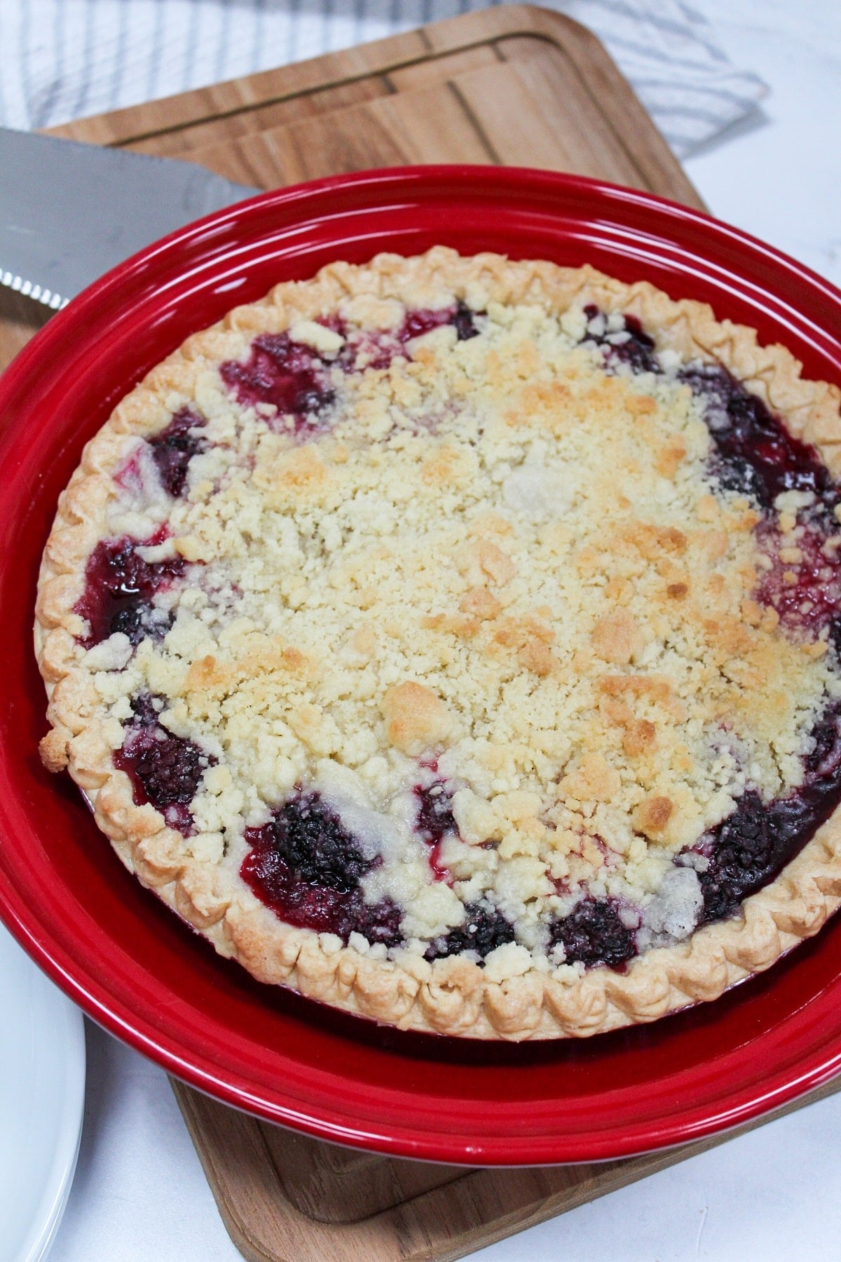 Blackberry pie with a crumble topping. Baked golden brown and in a red pie plate.